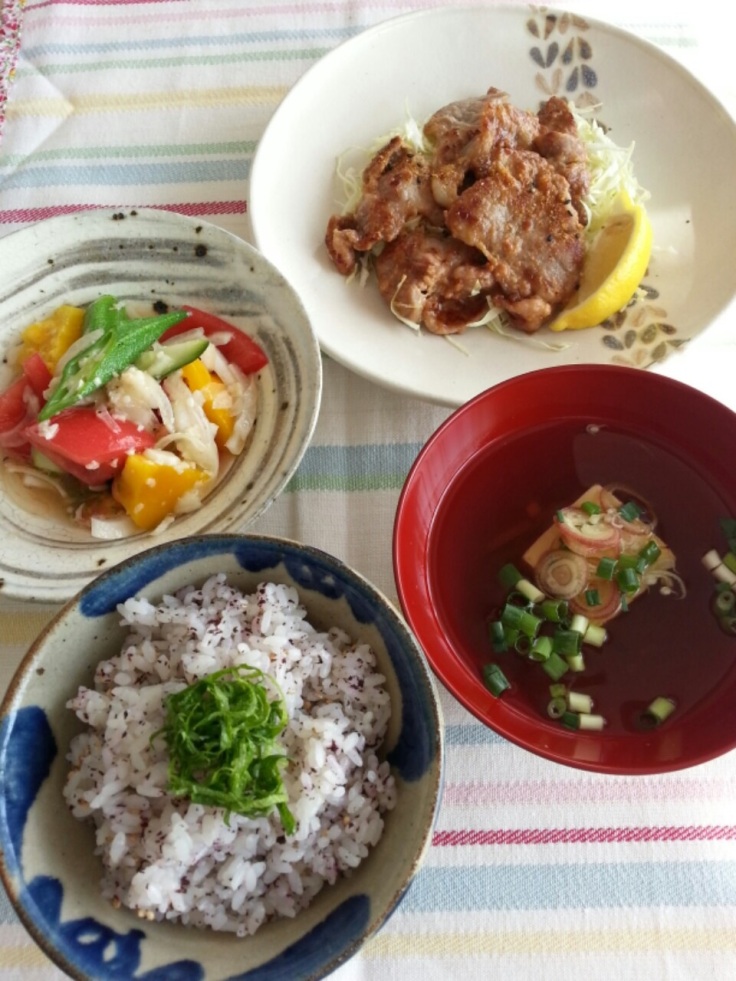 Clockwise from top to bottom: ,<a title="Amazake Miso Pork" href="https://kitchennippon.com/2015/03/21/amazake-miso-pork/">Amazake Miso Pork</a>,Yakumi Tofu soup, <a href="https://kitchennippon.com/2015/03/21/yukari-gohan/">Yukari Gohan</a>,<a title="Summer Salad with Amazake Dressing" href="https://kitchennippon.com/2015/05/14/summer-salad-with-amazake-dressing/">Summer Salad with Amazake Dressing</a>